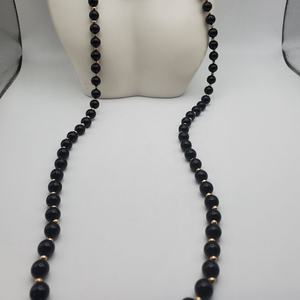 Macys 10k gold‎ Antique onyx beaded long necklace fine jewelry gold beaded